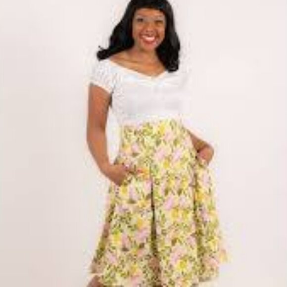 NWT COLLECTIF Laken English Orchard Swing Skirt pockets butter yellow. SZ US M - Picture 2 of 3